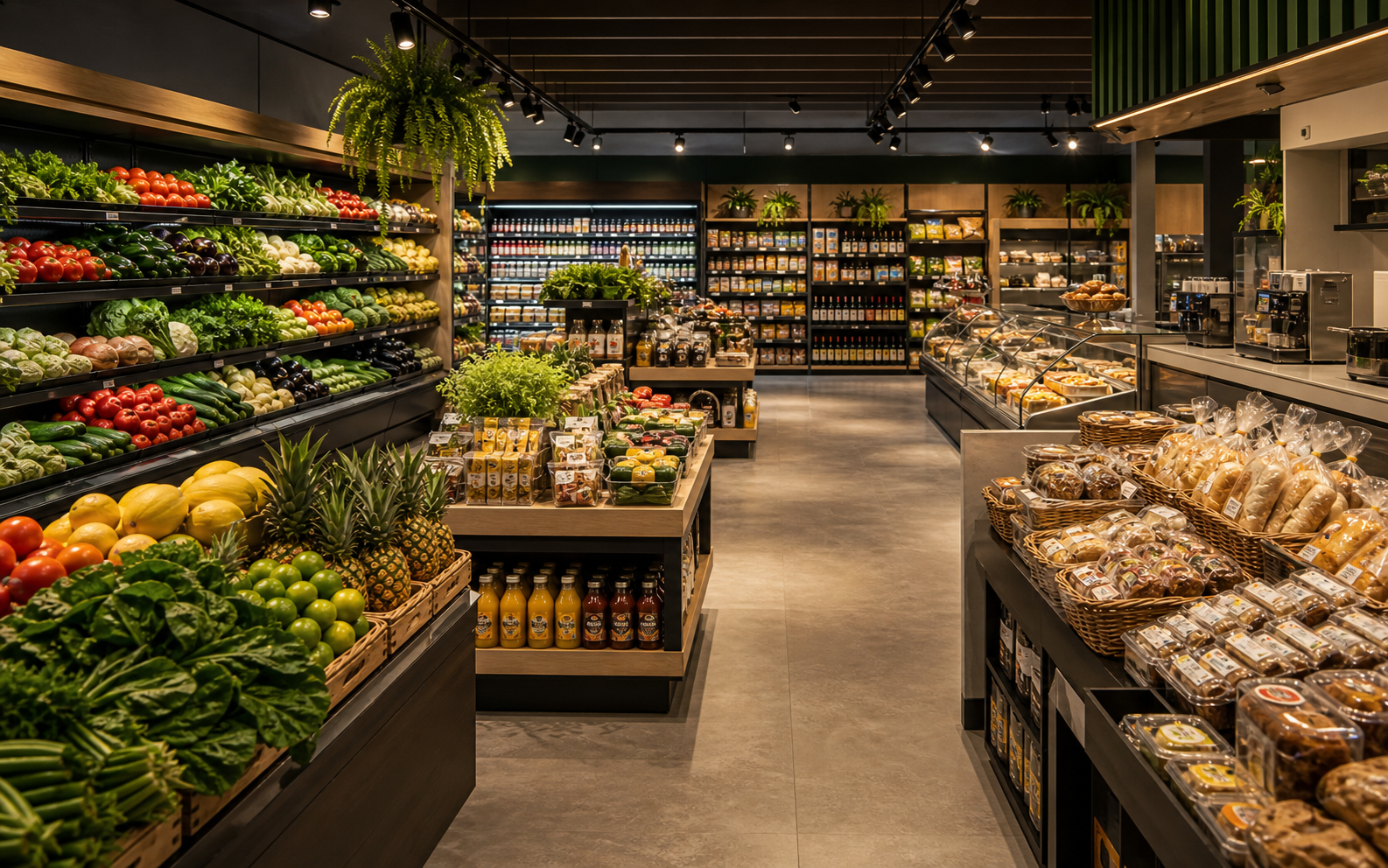 Modern grocery food counters with bakery, butcher, seafood and prepared food displays